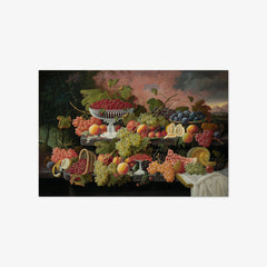Two-Tiered Still Life with Fruit and Sunset Landscape by Severin Roesen