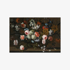 Still Life of Roses, Daffodils, Morning Glory, Hydrangea, Snowballs, and Other Flowers in a Basket on a Stone Ledge by Simon Hardimé