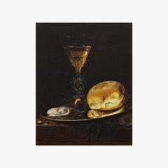 Still Life with a Façon de Venise Wine Glass, a Bread Roll, an Oyster and a Chestnut in a Pewter Dish by Simon Luttichuys